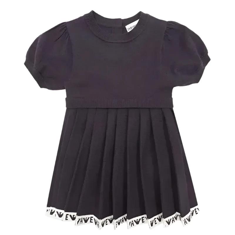 Armani Baby - Girl Short Sleeve Pleated Dress Logo, Navy