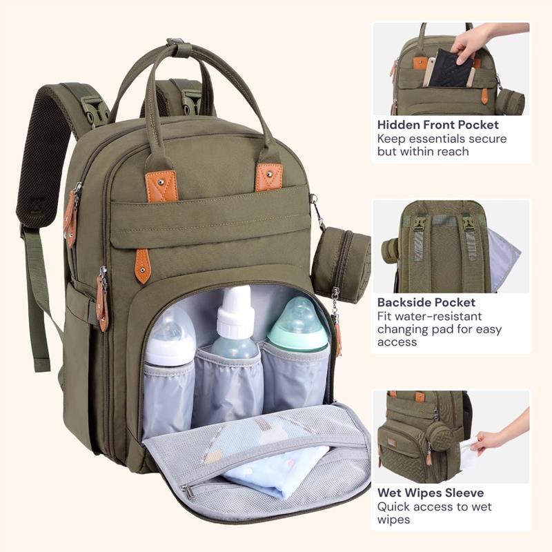 BabbleRoo - Diaper Bag Backpack Travel Essentials Baby Bag with Changing Pad, Army Green - Image 4