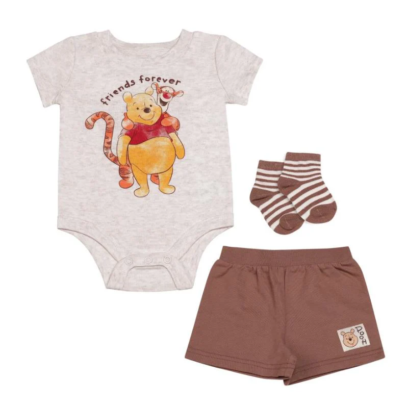 Babyfair 3Pk Disney Boy Shorts, Bodysuit & Socks, Brown Winnie The Pooh