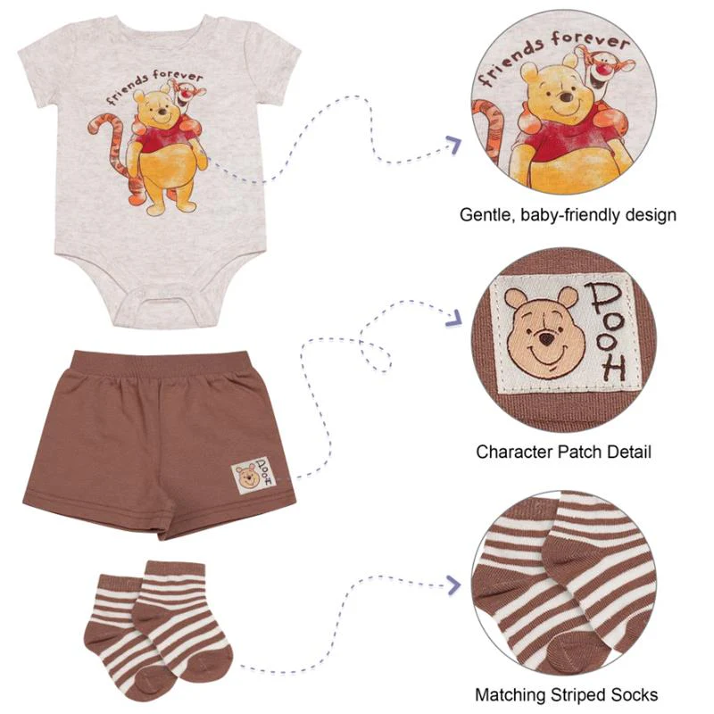 Babyfair 3Pk Disney Boy Shorts, Bodysuit & Socks, Brown Winnie The Pooh - Image 2