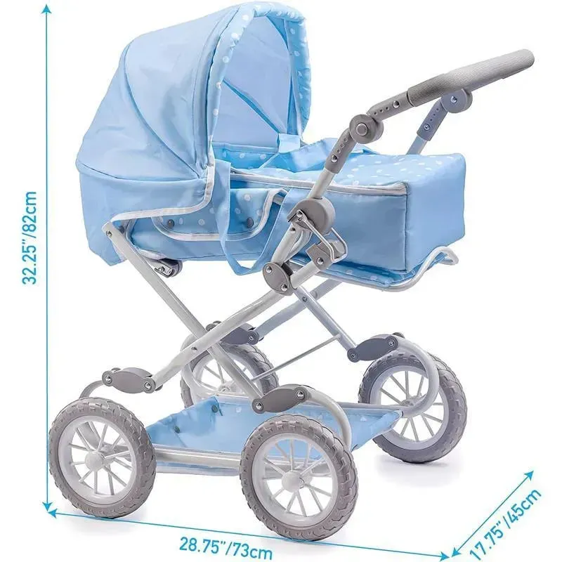 JC Toys - Berenguer Boutique, Deluxe Foldable Baby Doll Stroller with Canopy, Blue - Image 3