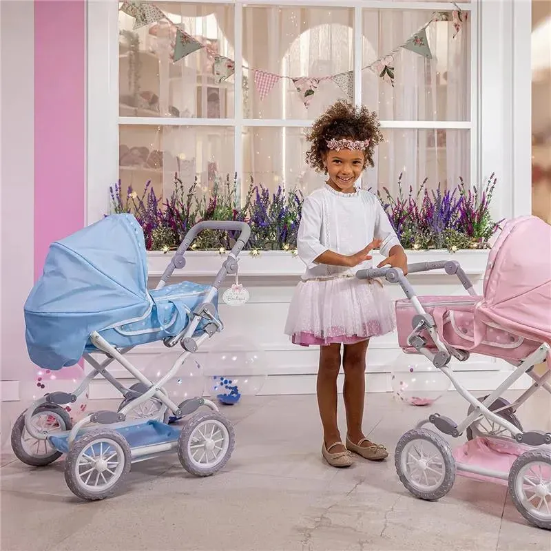 JC Toys - Berenguer Boutique, Deluxe Foldable Baby Doll Stroller with Canopy, Blue - Image 5