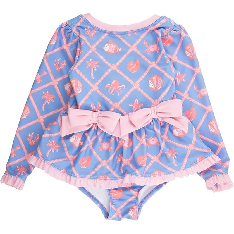Rufflebutts Girls Tropical Trellis Long Sleeve One Piece Bow Peplum Rash Guard Swimsuit