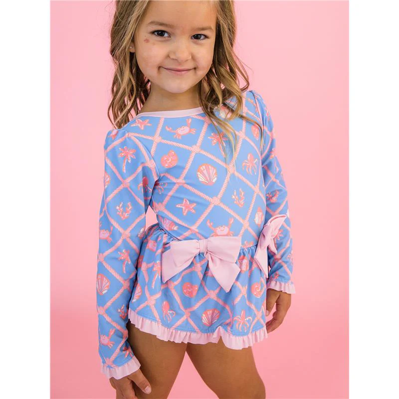 Rufflebutts Girls Tropical Trellis Long Sleeve One Piece Bow Peplum Rash Guard Swimsuit - Image 3