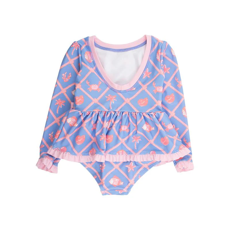 Rufflebutts Girls Tropical Trellis Long Sleeve One Piece Bow Peplum Rash Guard Swimsuit - Image 4