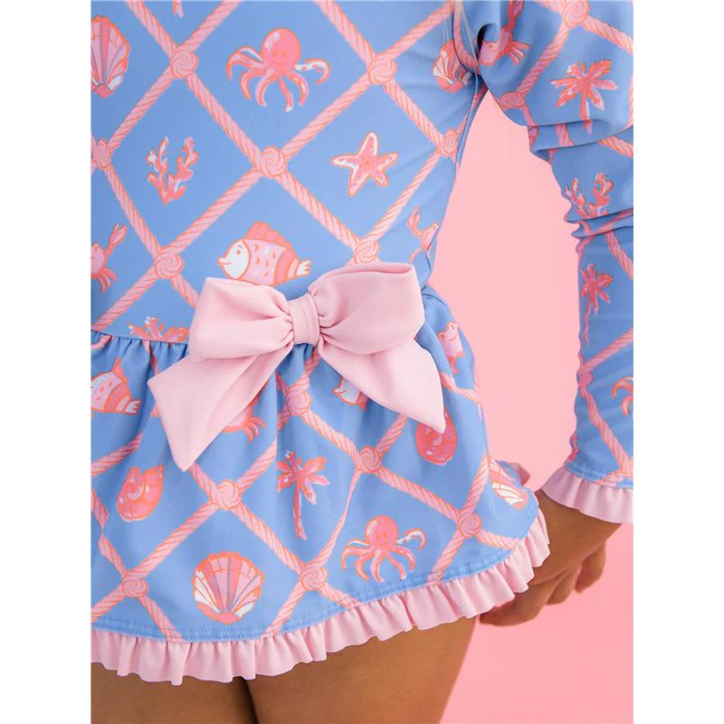 Rufflebutts Girls Tropical Trellis Long Sleeve One Piece Bow Peplum Rash Guard Swimsuit - Image 6