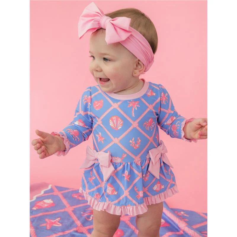 Rufflebutts Girls Tropical Trellis Long Sleeve One Piece Bow Peplum Rash Guard With Zipper - Image 2