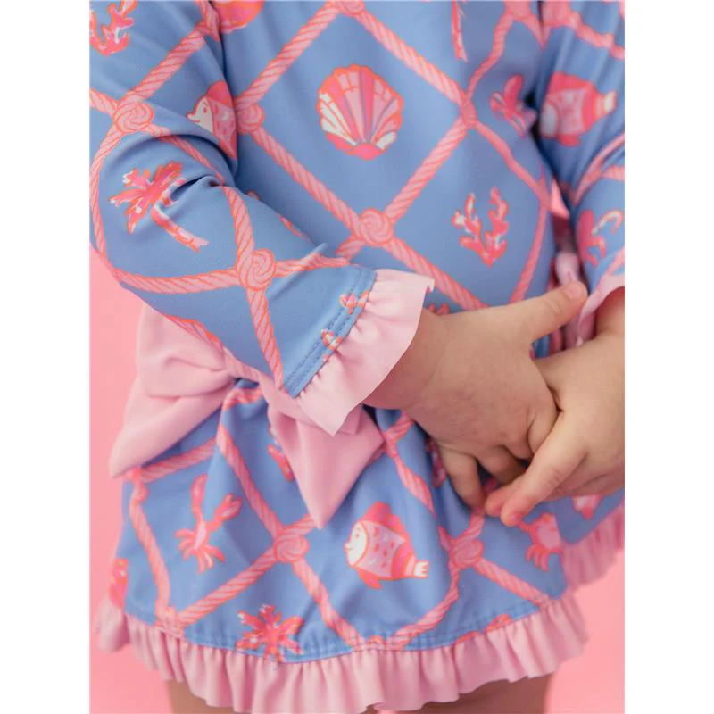 Rufflebutts Girls Tropical Trellis Long Sleeve One Piece Bow Peplum Rash Guard With Zipper - Image 6