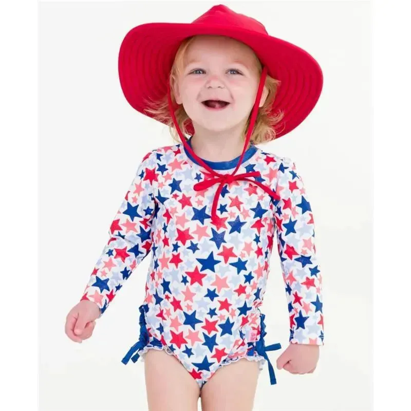 Rufflebutts - Shimmer Star-Spangled Long Sleeve One Piece Rash Guard White With Stars - Image 2