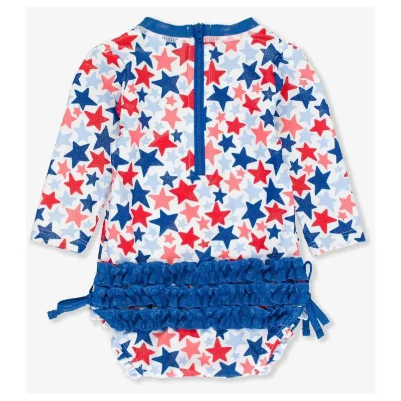 Rufflebutts - Shimmer Star-Spangled Long Sleeve One Piece Rash Guard White With Stars - Image 3