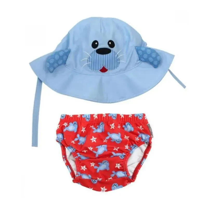 Zoochini - Baby Boy Swim Diaper & Sun Hat Set, Sunny The Seal